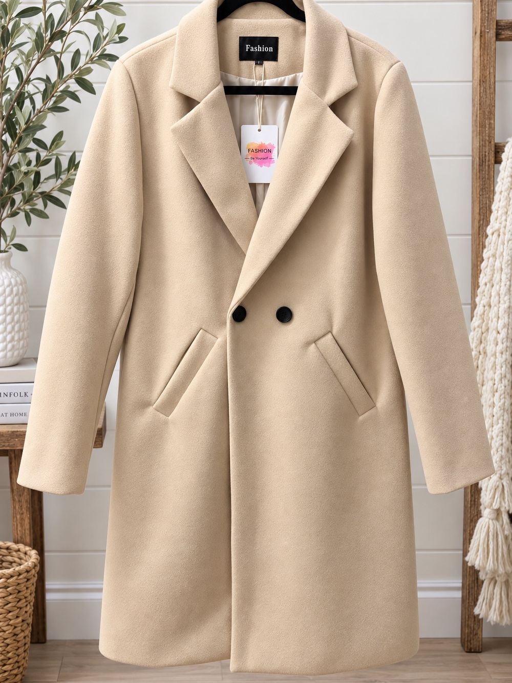 NWT Fashion Cream Wool Blend Long Double Breasted Coat Size L